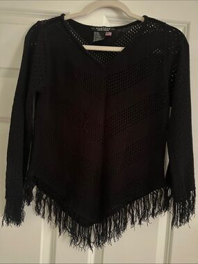 Rampage Black V-Neck Crochet Fringe Sweater